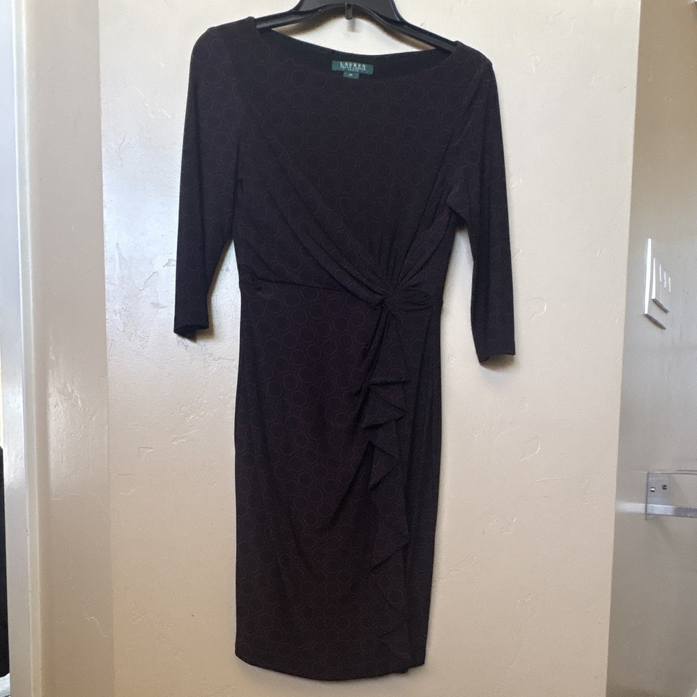 Lauren Ralph Lauren Faux Wrap Geometric Twist Dress 4P Burgundy Black 3/4 Sleeve